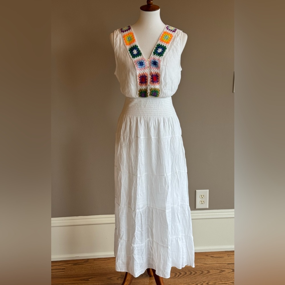 Kings Road White Sleeveless Maxi Dress with Colorful Crochet Detail Sz XL